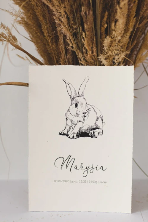 Metryczka Minimalistyczna  Królik na papierze targanym z autorską ilustracją