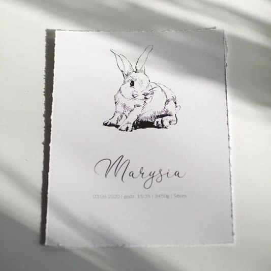 Metryczka Minimalistyczna  Królik na papierze targanym z autorską ilustracją